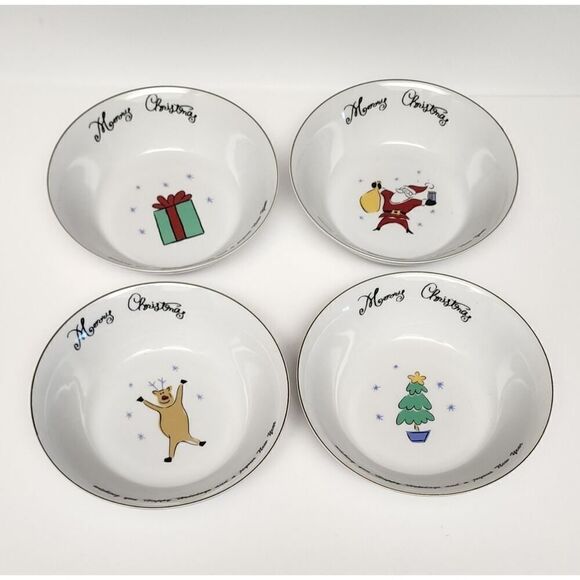 MERRY BRITE CHRISTMAS 7.5" SANTA TREE GIFT REINDEER SET OF 8 BREAD PLATES/BOWLS - Picture 9 of 16